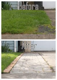 before and after photos of a lawn being mowed