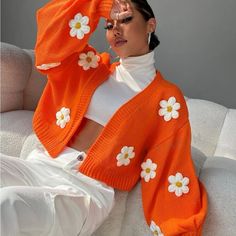 Super Cute And Stylish Ships In 5-10 Business Days Orange Preppy Sweater, Crochet Sweaters Women Cardigans, Cutes Sweaters, Crochet Cardigan With Puffy Sleeves, Bright Fall Fashion, Trendy Crochet Clothes Sweaters & Cardigans, Crochet Ruffle Cardigan, Maximalist Cardigan, Artistic Outfits Aesthetic