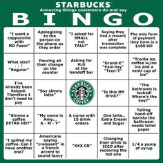 a green and white poster with words on it that say, starbuckss bingo