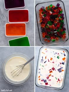 four pictures showing how to make colorful jello with candy bars and other toppings