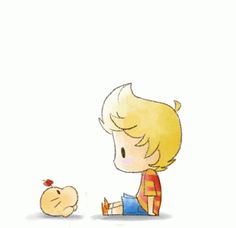 a drawing of a little boy sitting on the ground next to a small bird and looking at him