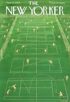 an advertisement for the new yorker tennis tournament, featuring men playing on a green court