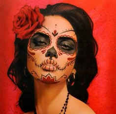 Skeleton Makeup Day Of The Dead, Mexican Skull Face Paint, Day Of The Dead Face Paint Simple, Sugar Skull Face Paint For Women, Mexican Sugar Skull Makeup, Half Catrina Makeup, Red Day Of The Dead Makeup, Pink Day Of The Dead Makeup, Catrina Face Makeup