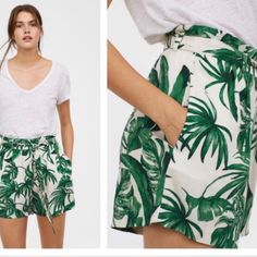 H&M High Waisted Tropical Print Leaf Patterned Shorts W/ Tie Belt Size 4 Brand New With Tags. Chic Summer Bottoms By H&m, H&m Summer Bottoms For Day Out, H&m Shorts For Summer, Tropical Day Out Shorts, Chic Tropical Print Bottoms For Summer, Chic Tropical Print Summer Bottoms, Summer Day Out Shorts By H&m, H&m Summer Bottoms For Vacation, H&m Summer Shorts For Day Out