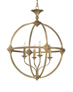 an orb chandelier with four lights hanging from the center and two candles on each end