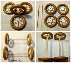 four different pictures of wooden wheels and spokes