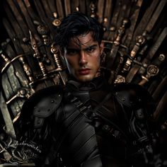 a man sitting on top of a iron throne in front of a black background,