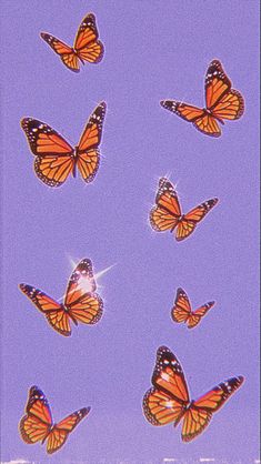 a group of orange butterflies flying in the blue sky with sparkles on their wings