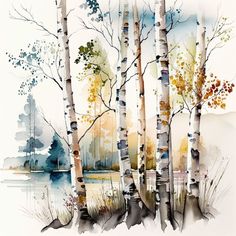 a watercolor painting of trees with fall colors and the lake in the back ground