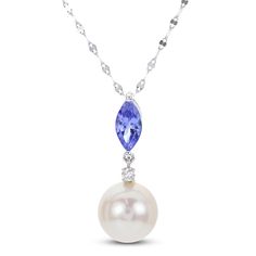 A lustrous freshwater cultured pearl dangles elegantly from a stunning marquise-cut natural tanzanite bail in this stunning women's pendant necklace. A dazzling diamond accent embellish the of the dangle to complete the look. Fashioned in 14K white gold, the 18-inch mirror chain secures in place with a lobster clasp. Pendant Necklace Diamond, Tanzanite Pendant, Jared The Galleria Of Jewelry, Necklace Diamond, Natural Tanzanite, Diamond Pendant Necklace, Marquise Cut, Natural Emerald, Natural Pearls