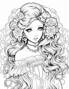 a girl with long hair and flowers in her hair