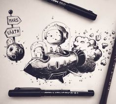 an ink drawing of a space ship with two astronauts on it and the words mars earth above