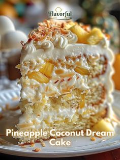 a piece of pineapple coconut dream cake on a plate