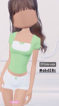 an animated girl with long brown hair wearing white shorts and a green shirt, standing in front of a washer