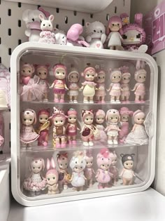 a bunch of little dolls are in a plastic case