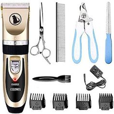 an assortment of grooming items including scissors, combs and clippers are shown