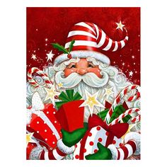 a painting of santa claus holding presents and candy canes on a red background with stars