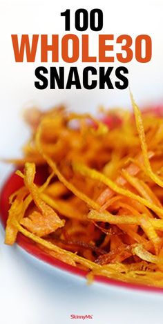 the cover of 100 whole 30 snacks, with an image of shredded carrots on it