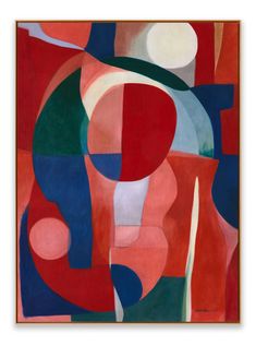 an abstract painting with red, blue and green shapes