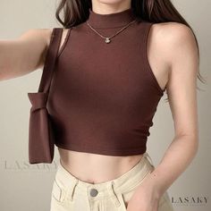 Lasaky - Chic Slim Fit High-Waisted Cropped Sleeveless Top with Vintage-Inspired Turtleneck and Belly Button-Revealing Design for Layering Mock Neck Crop Top, High Neck Crop Top, High Neck Tank Top, Sleeveless Turtleneck, Sport Top, High Neck Sleeveless, Cropped Tops, Sleeveless Tops, Black Women Fashion