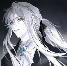 an anime character with long white hair and green eyes