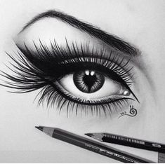 a pencil drawing of an eye with long lashes