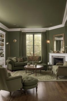 a living room filled with furniture and a fire place next to a large window on top of a hard wood floor