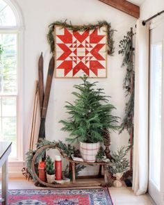 a room filled with lots of plants next to a wall hanging on the side of a building