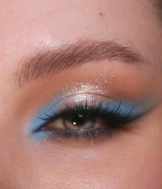 Homecoming Makeup Light Blue, Light Blue Sparkly Eye Makeup, Ice Themed Makeup, Cinderella Themed Makeup, Blue Halo Eye Makeup, Night Under The Stars Makeup, Eras Tour Debut Makeup, Pastel Blue Eye Makeup, Home Coming Make Up Looks