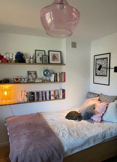 a cat laying on top of a bed in a room with bookshelves and shelves