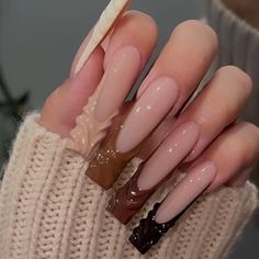 Elevate your style this October with our stunning collection of October nail designs. Featuring brown French tip nails and long press-on coffin nails, this collection combines sophistication with seasonal flair, making it perfect for a chic autumn look  SHAPE l LENGTH AS SEEN IN PICTURE: XLong Square 💅STEPS TO CREATE THIS SET: Base gel 2 layers of base Color  Hand-painted 3D design  Hand painted frenchies in multi-colors Top Gel 🎁 EACH SET OF NAIL INCLUDES: 10 HANDMADE press on nails of your size Adhesive tabs l Alcohol Pads l nail glue l file l buffer l cuticle stick 🍀 MATERIALS: Our handmade press-on nails using top-tier materials, guaranteeing durable and reliable results. You can reuse all of the nails multiple times if you take care of them. Follow the instructions provided with th White Nails With Brown French Tip, Nails Acrylic Fall Coffin, Brown Tone Nails Design, Long Acrylic Nails Brown Colors, French Nails For Autumn, Tapered Square Nails Fall Colors, Fall Sweater Nails Coffin, Fall Nail Designs Coffin Long, Long Coffin Fall Nails