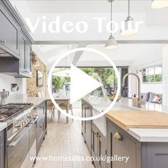 a video tour of a kitchen and living room in an open floor plan, with the words'video tour'overlayed