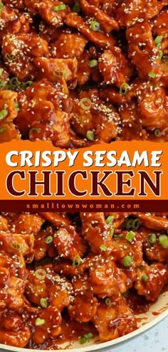 sesame chicken is shown on a platter with the words sesame chicken above it