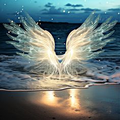 an angel wings spread out over the water at night on a beach with stars in the sky