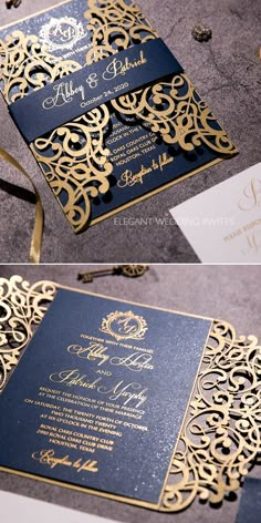 two pictures of wedding cards with gold and black designs on the front, side and back