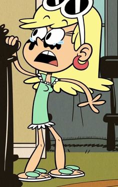 a cartoon girl with an angry look on her face and hands in front of the door