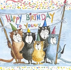 happy birthday to you card with five cats holding a flag and wearing party hats, surrounded by confetti sprinkles