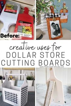 collage of dollar store cutting boards with text overlay that says creative uses for dollar store cutting boards