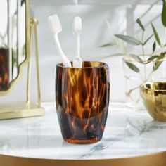 two toothbrushes in a cup on a marble table next to a mirror and potted plant