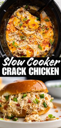 A collage image of crack chicken in the slow cooker and as a chicken sandwich. Do It On A Dime, Chicken Shawarma Recipe, Chicken Casserole Recipe, Chicken Crockpot Recipes Easy, Crock Pots, Eating On A Dime, Shredded Chicken Recipes, Chicken Crockpot, Chicken Slow Cooker Recipes