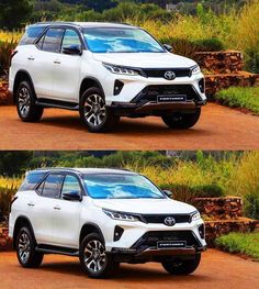 two side by side images of the front and rear views of a white toyota rav