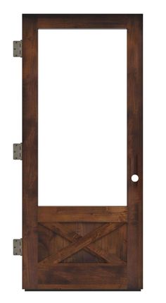 an open wooden door with metal hardware on the bottom and side panels, which are made out of wood