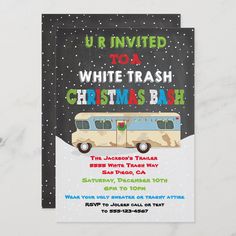 a christmas party flyer with a bus and snowflakes on the back, in black and white