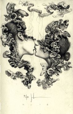 a drawing of two women kissing each other with their faces covered in intricately designed hair