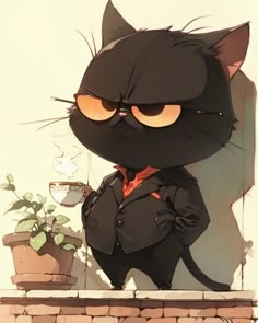 a black cat in a suit standing on top of a brick wall next to a potted plant