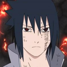 an anime character with black hair and red eyes looking at the camera while surrounded by flames