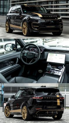 the inside and outside view of a black suv with gold trimmings on it