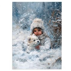 a painting of a child holding a dog in the snow