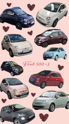 many different colored cars with hearts in the background