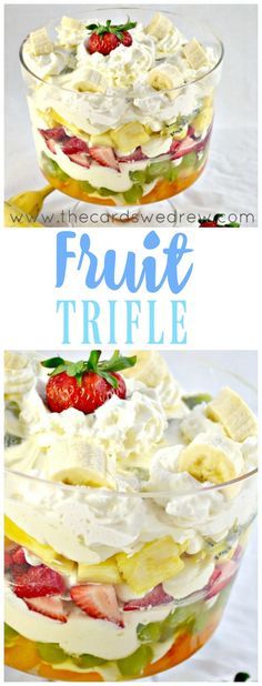 fruit trifle with whipped cream and strawberries in it